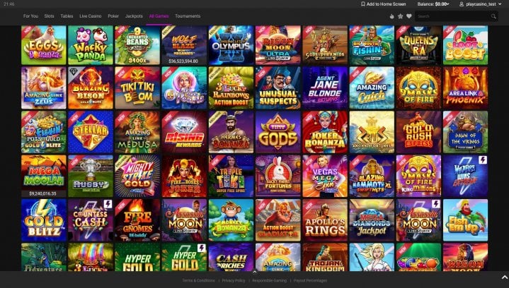 Screenshot of the slots section of Jackpot City