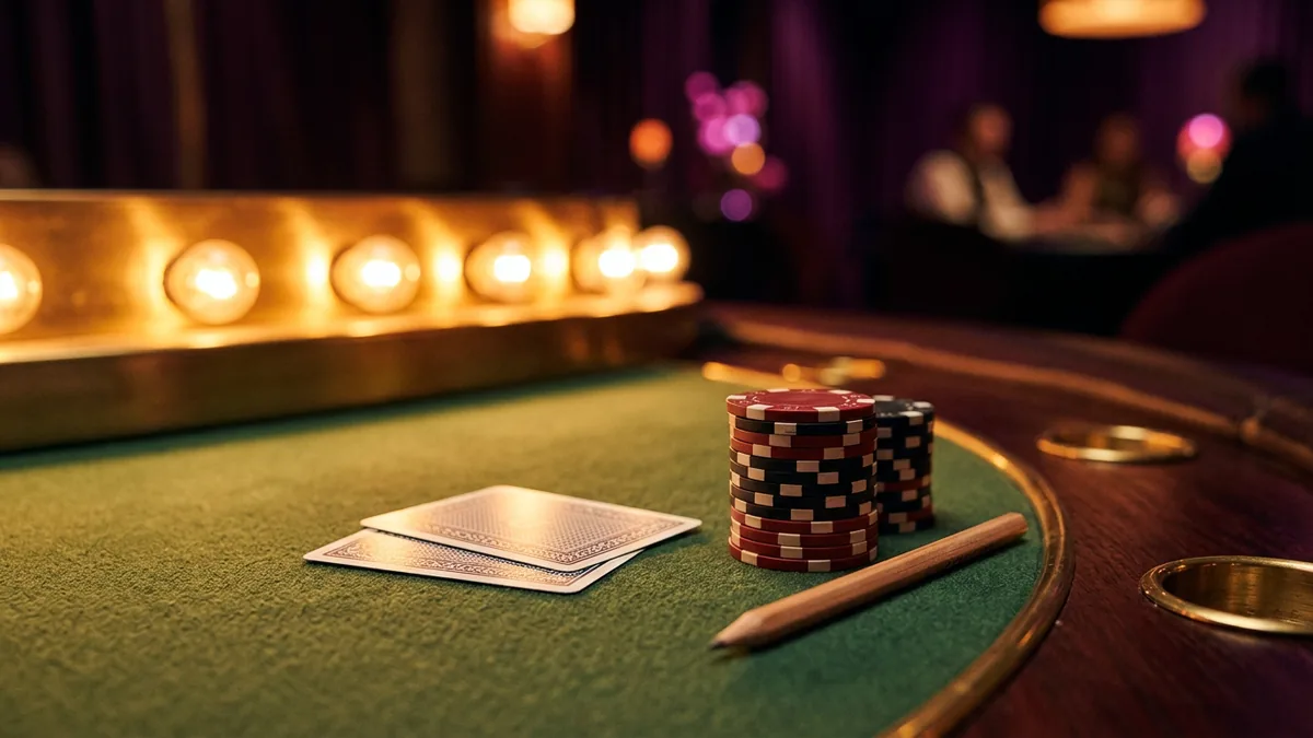 Two face-down playing cards next to a stack of casino chips and a pencil on a green felt table