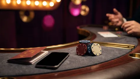 Passport, smartphone and a stack of casino chips on a grey desk