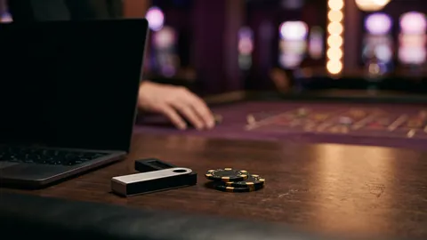 Hardware crypto wallet next to casino chips and a laptop on a dark desk