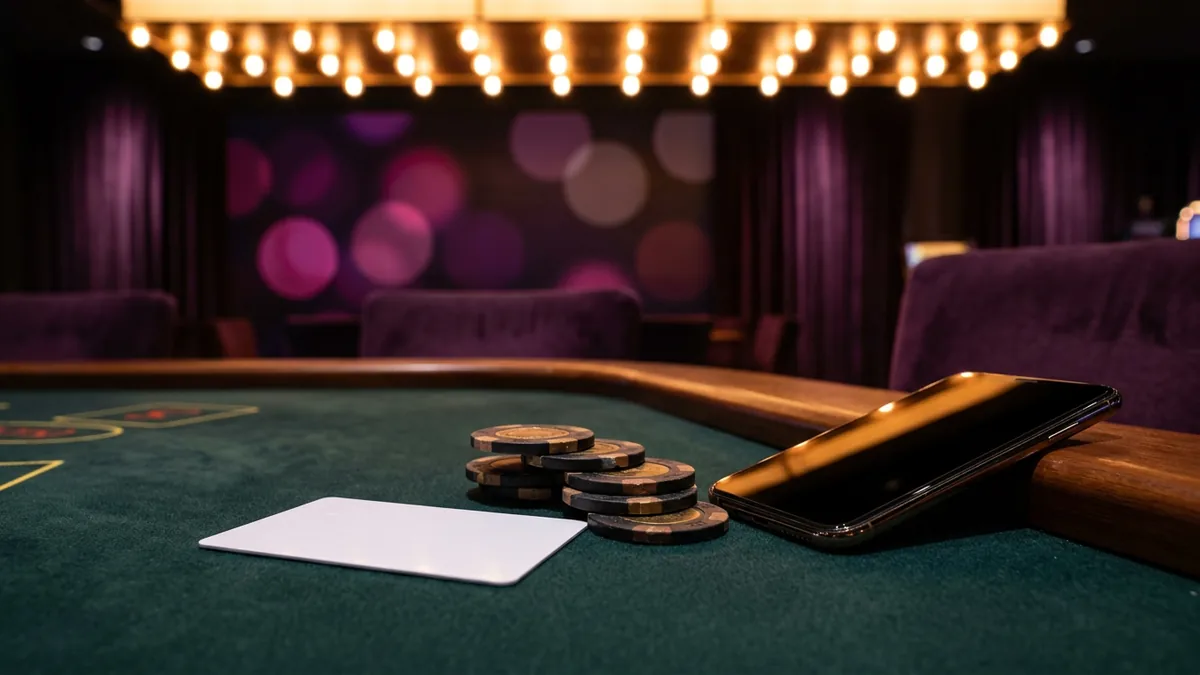 A blank ID card beside casino chips and a smartphone with a dark screen on a table
