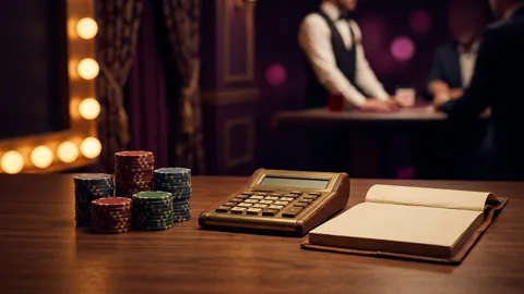 Casino chips next to a calculator and a blank ledger on a wooden desk