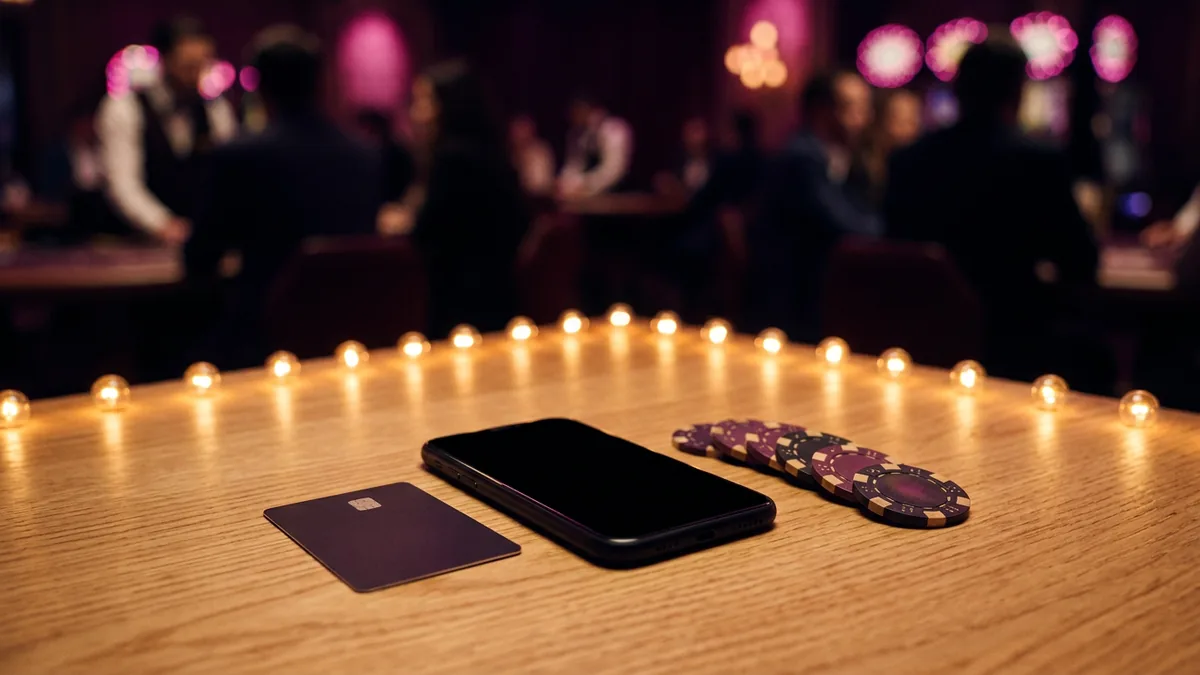 Debit card and smartphone beside casino chips on a light wooden table