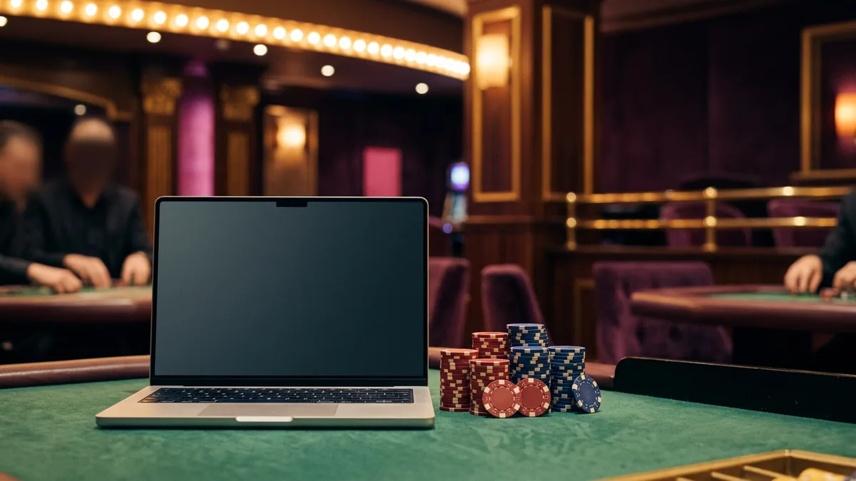 Laptop with a blank screen next to stacks of red and blue casino chips on an oak table