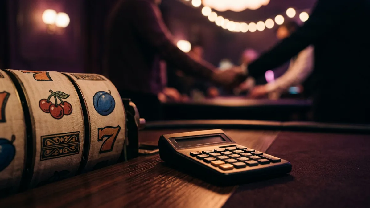 Close-up of a slot machine reel strip next to a pocket calculator on a dark wooden desk