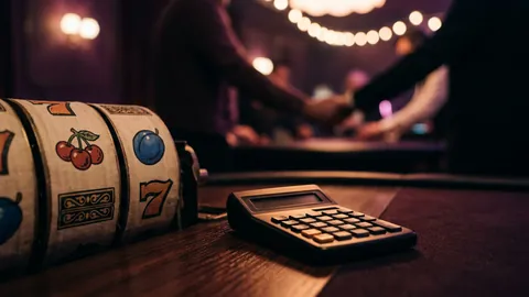 Close-up of a slot machine reel strip next to a pocket calculator on a dark wooden desk