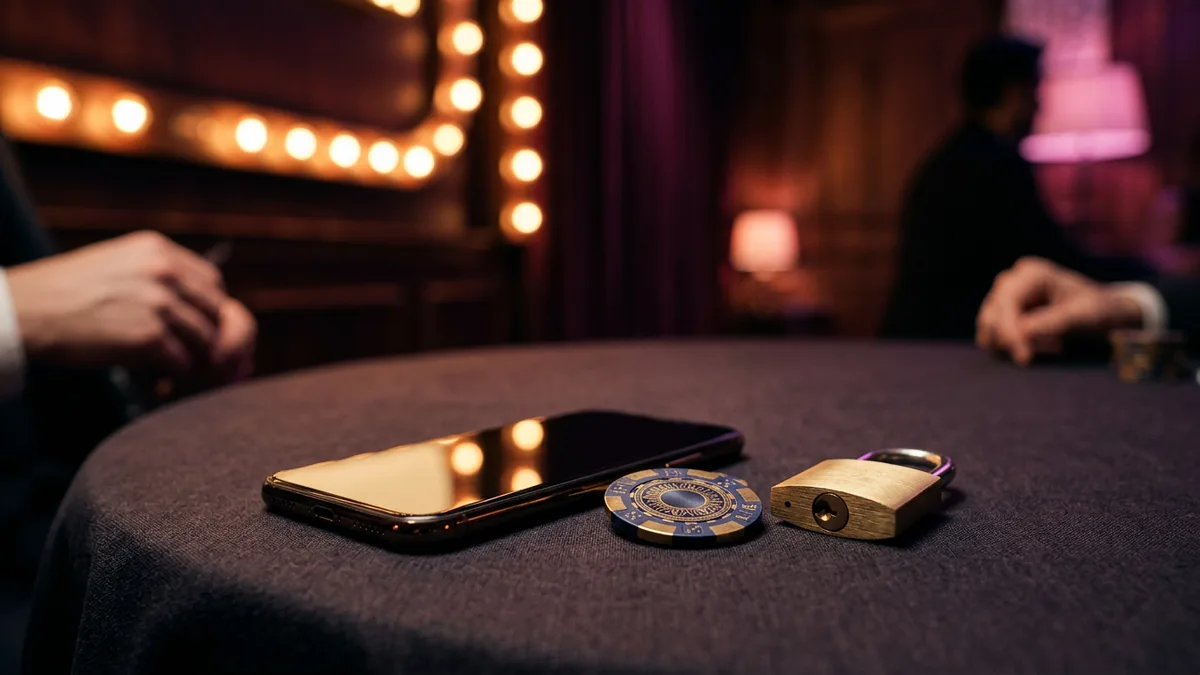 Smartphone with a dark screen beside one casino chip and a closed padlock on a linen tablecloth
