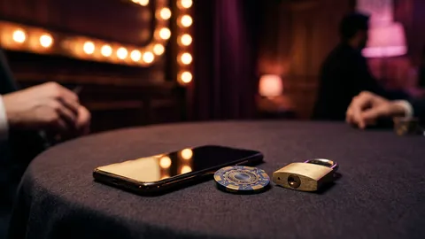 Smartphone with a dark screen beside one casino chip and a closed padlock on a linen tablecloth