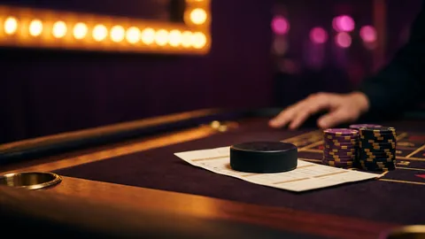 A hockey puck on a blank betting slip next to a stack of casino chips on a dark table