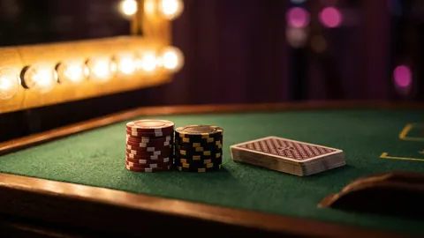 Two separate stacks of casino chips in different colours on green felt beside a closed deck of cards