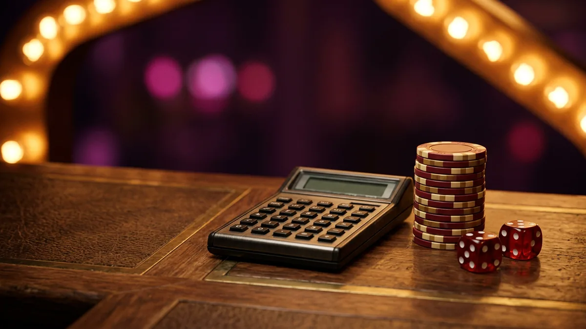 Pocket calculator next to a stack of casino chips and two dice on a walnut desk