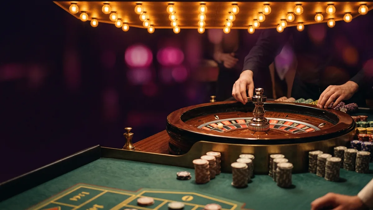 Live roulette table under marquee lights